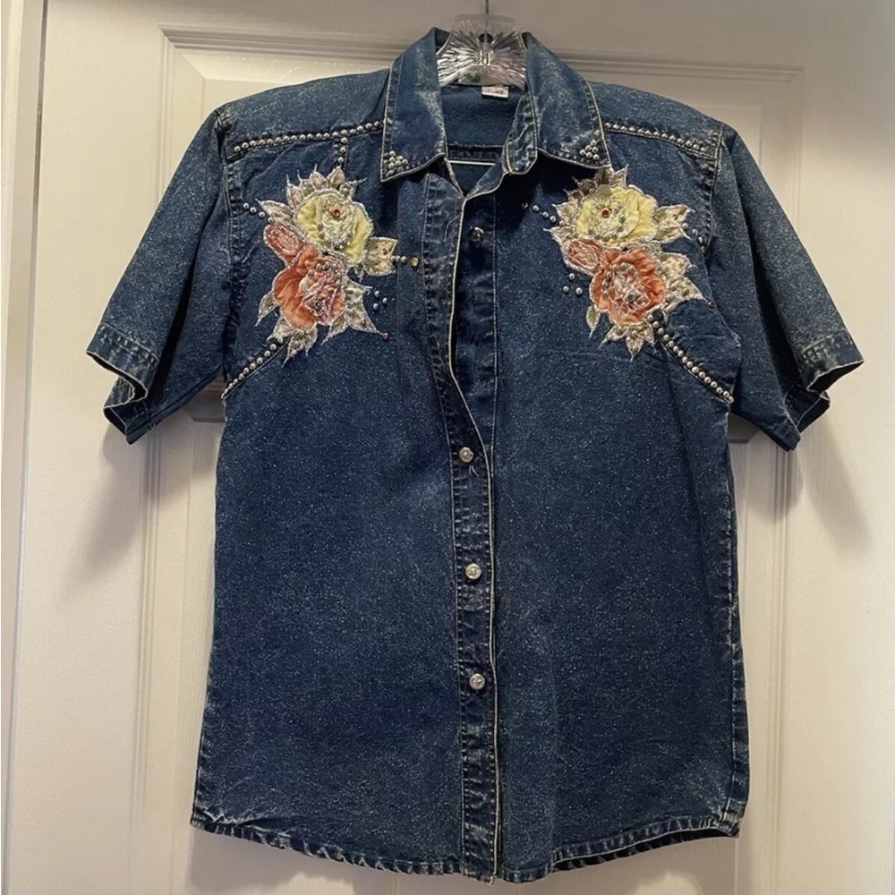 Vintage Denim Western Shirt Floral Embroidered Button Up Small Y2K